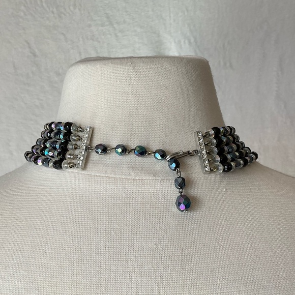 Vtg Black Aurora Borealis Crystal Necklace Vintage 5 Strand Statement Necklace - Picture 6 of 9